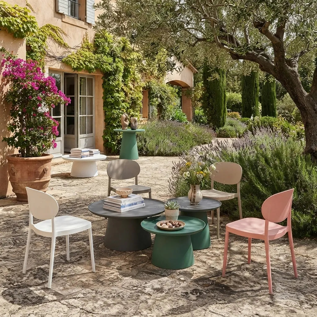 Set mit 4 weißen ICE-Stühlen für drinnen und draußen