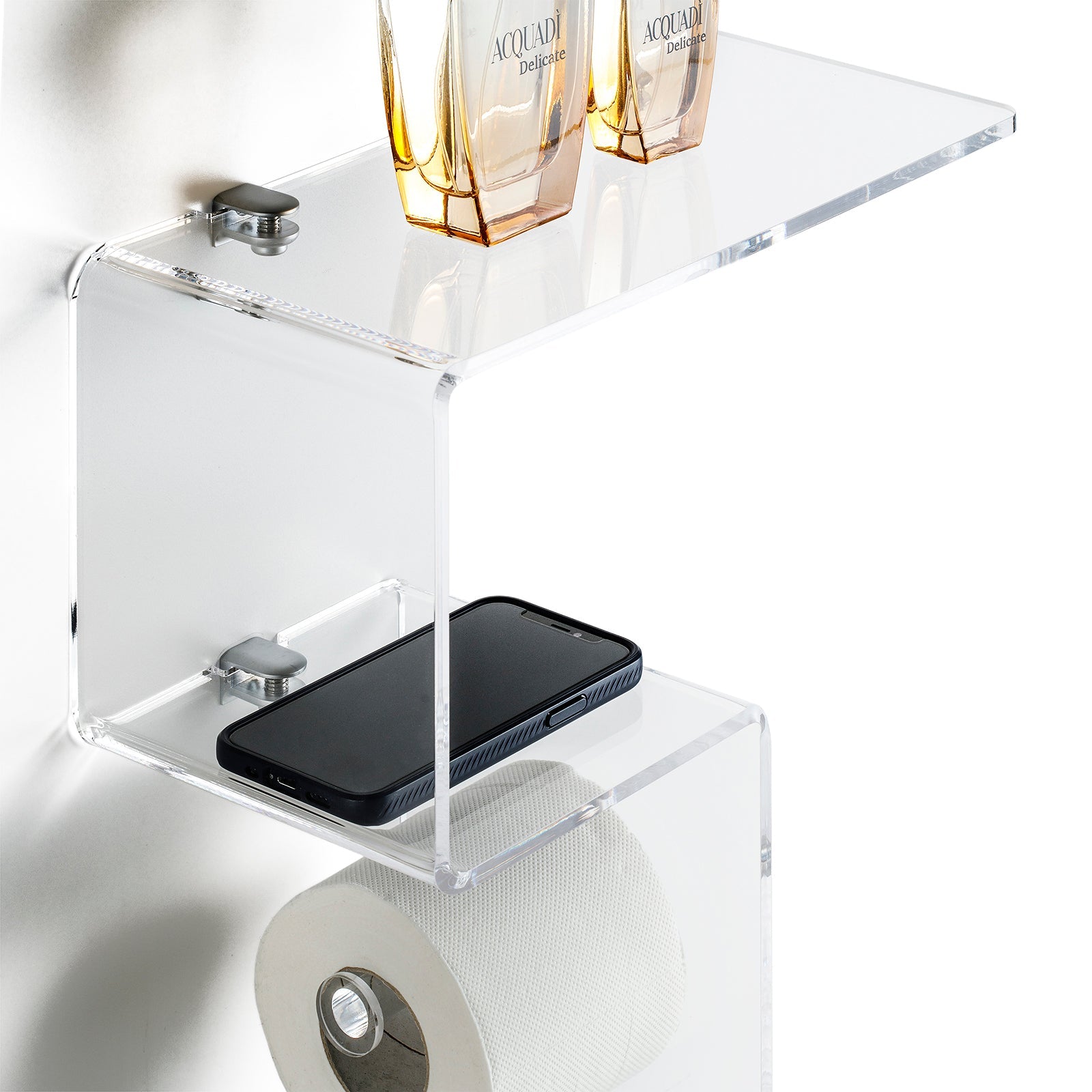 ACHILLE transparentes Badezimmerregal zur Wandmontage mit Rollenhalter