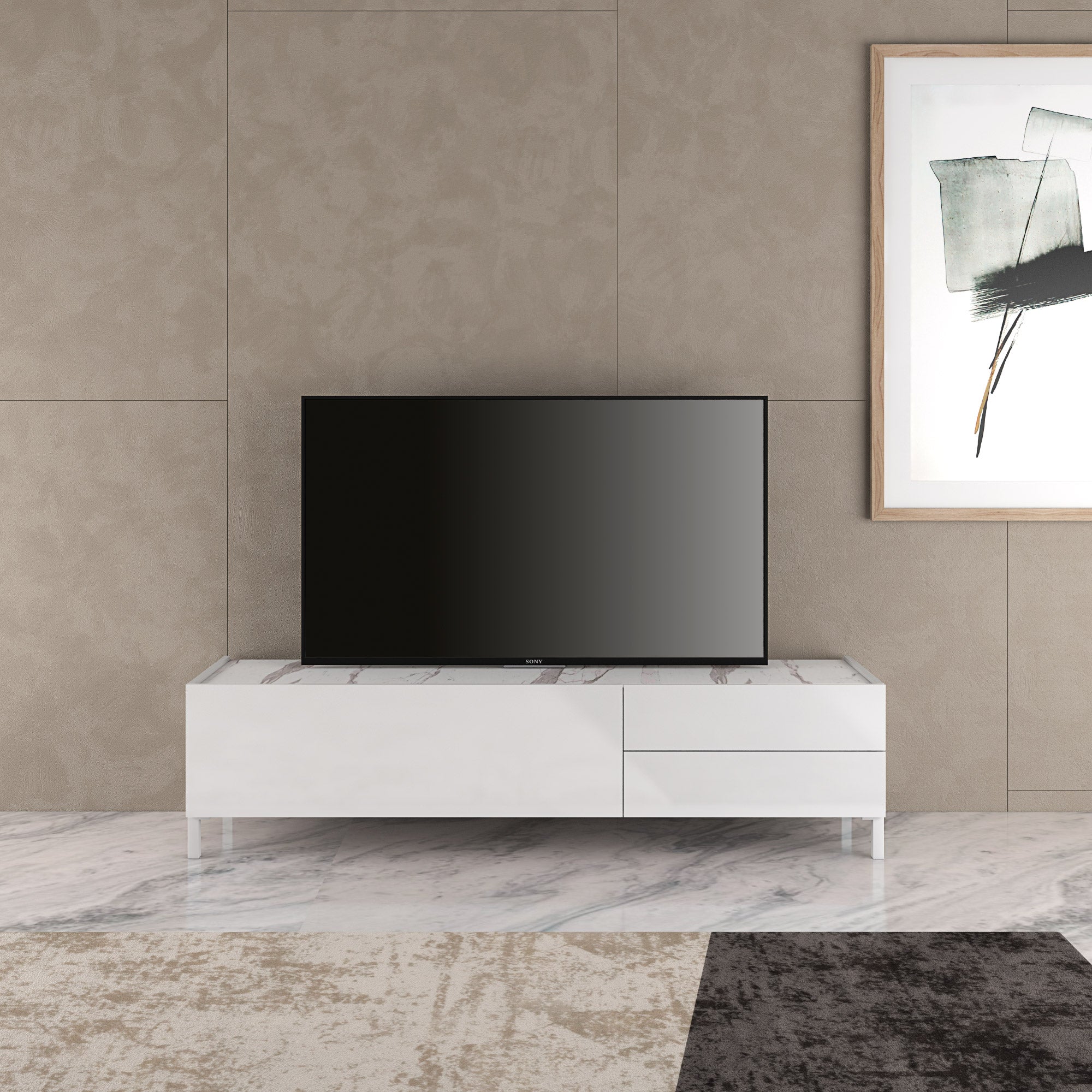 KENNETH TV stand glossy white/Calacatta marble