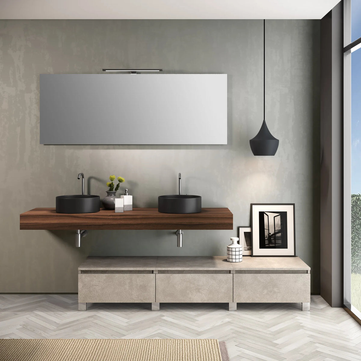 Composizione doppio lavabo YOKA-25 | Noce/Avana pietra