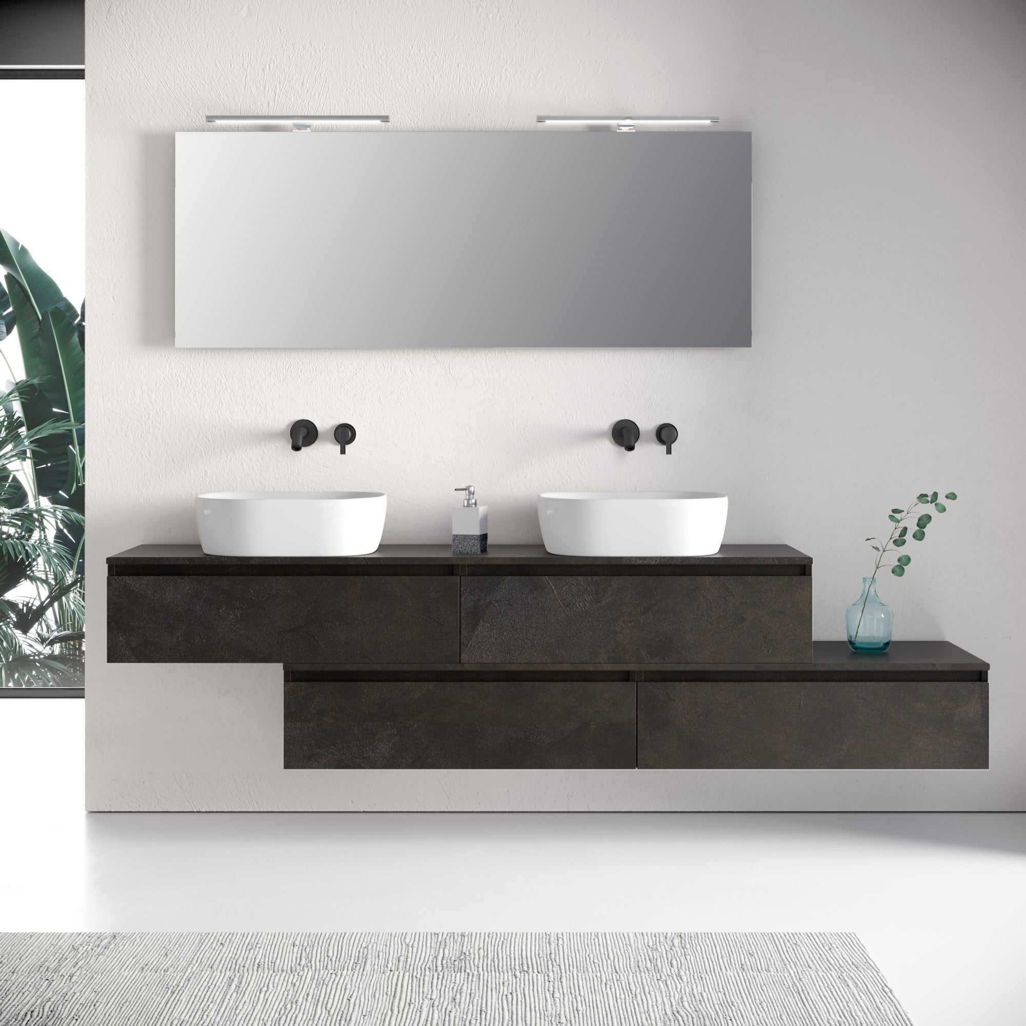 Composizione doppio lavabo 9 pezzi YOKA pietra lavica