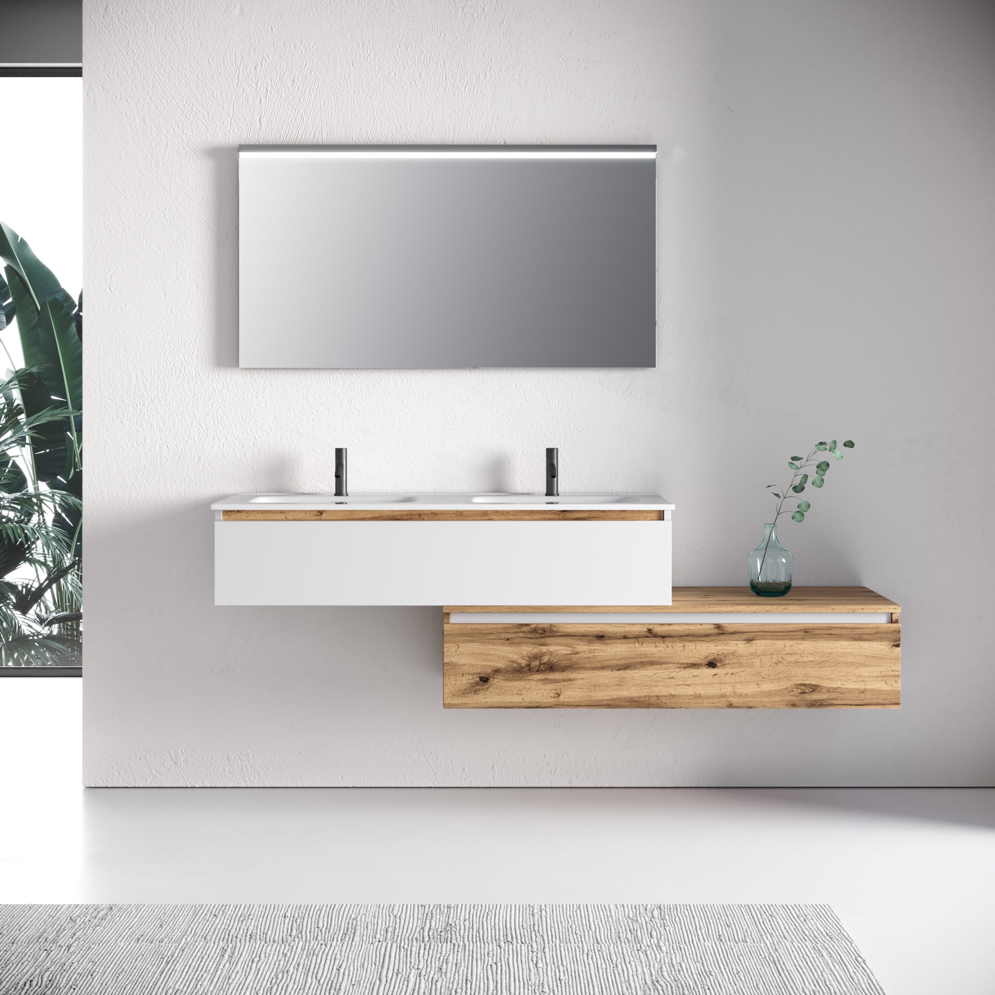 Composizione doppio lavabo 4 pezzi YOKA bianco / quercia