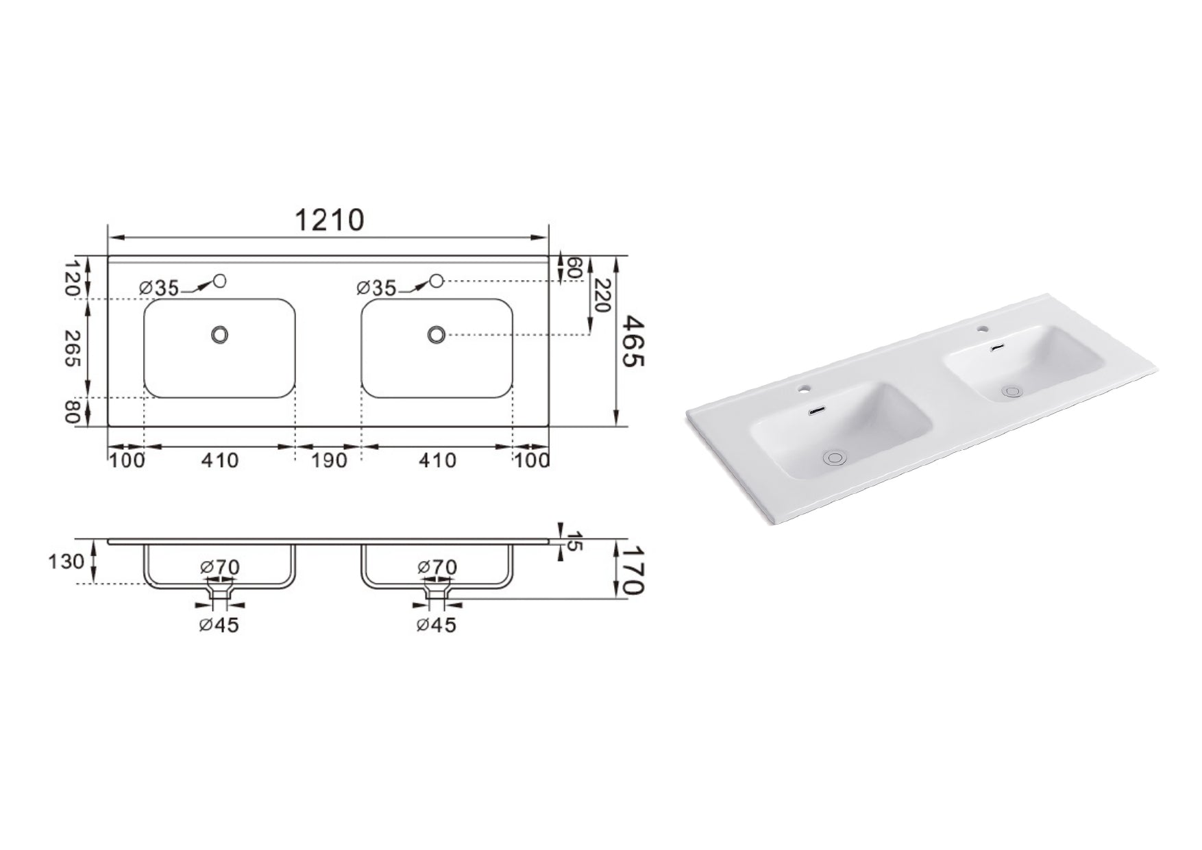 Lavabo da incasso 2 vasche GRUE 120 cm - 2