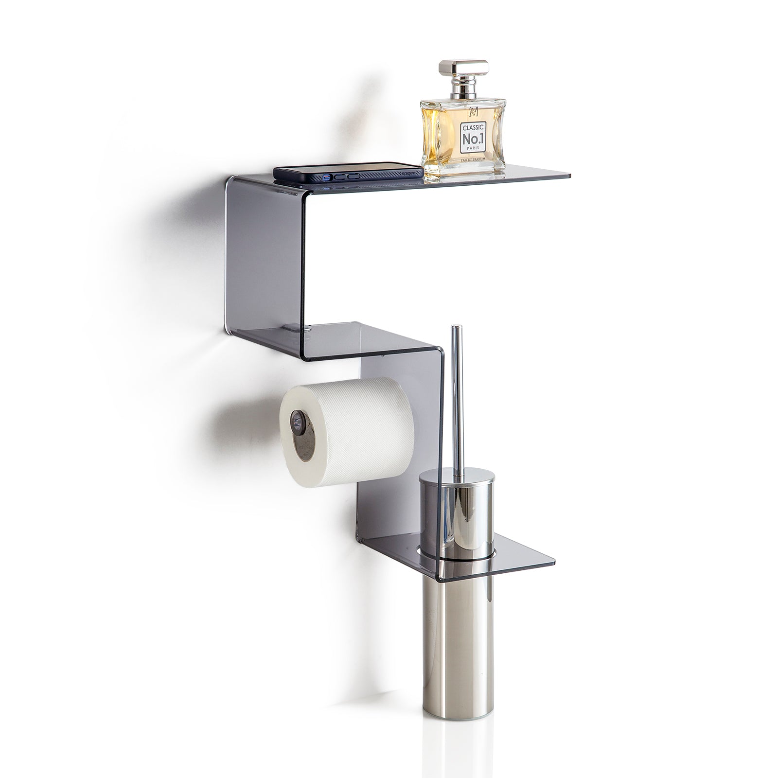 ACHILLE smoked multifunctional wall mounted bathroom shelf