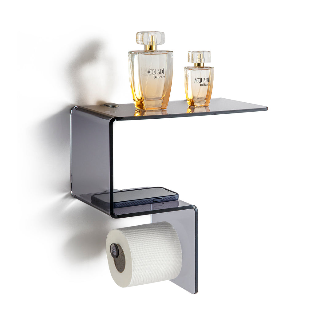 ACHILLE smoked wall mounted bathroom shelf with roll holder