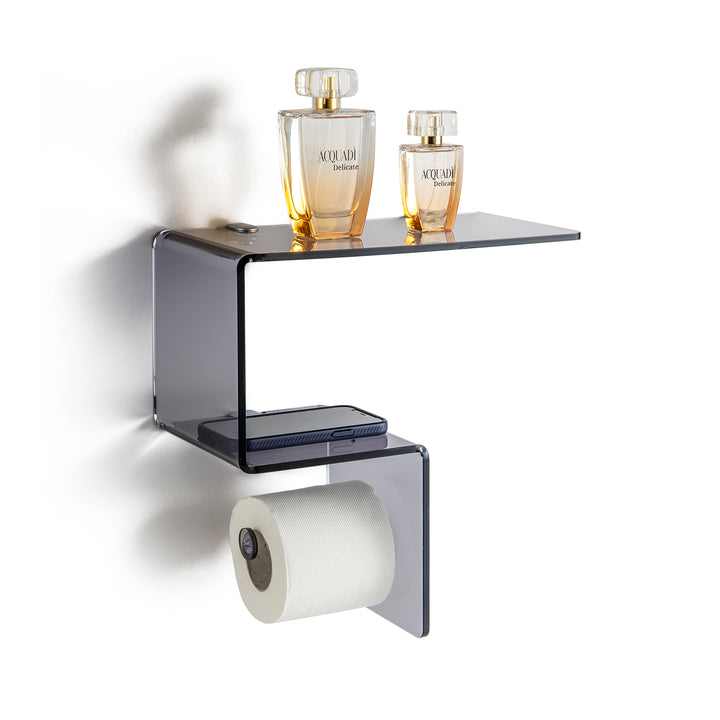 ACHILLE smoked wall mounted bathroom shelf with roll holder