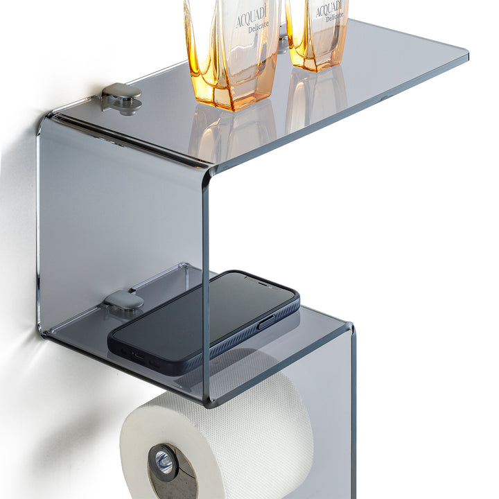 ACHILLE smoked wall mounted bathroom shelf with roll holder