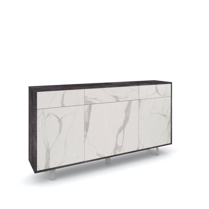 Sideboard mit 3 Türen und 3 Schubladen VILINUS schwarzer Stein/Calacatta-Marmor