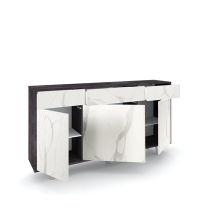 Sideboard mit 3 Türen und 3 Schubladen VILINUS schwarzer Stein/Calacatta-Marmor