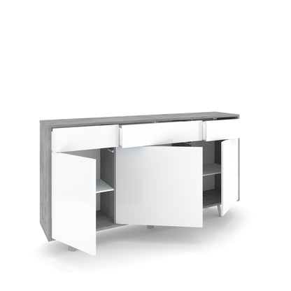 Sideboard VILINUS 3-türig/3-Schubladen Zement/Hochglanzweiß