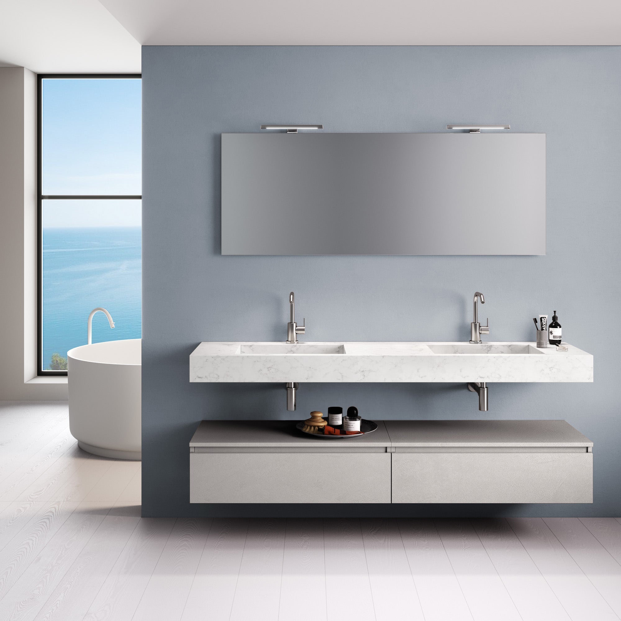 Composizione doppio lavabo YOKA-22 marmo carrara/bianco pietra