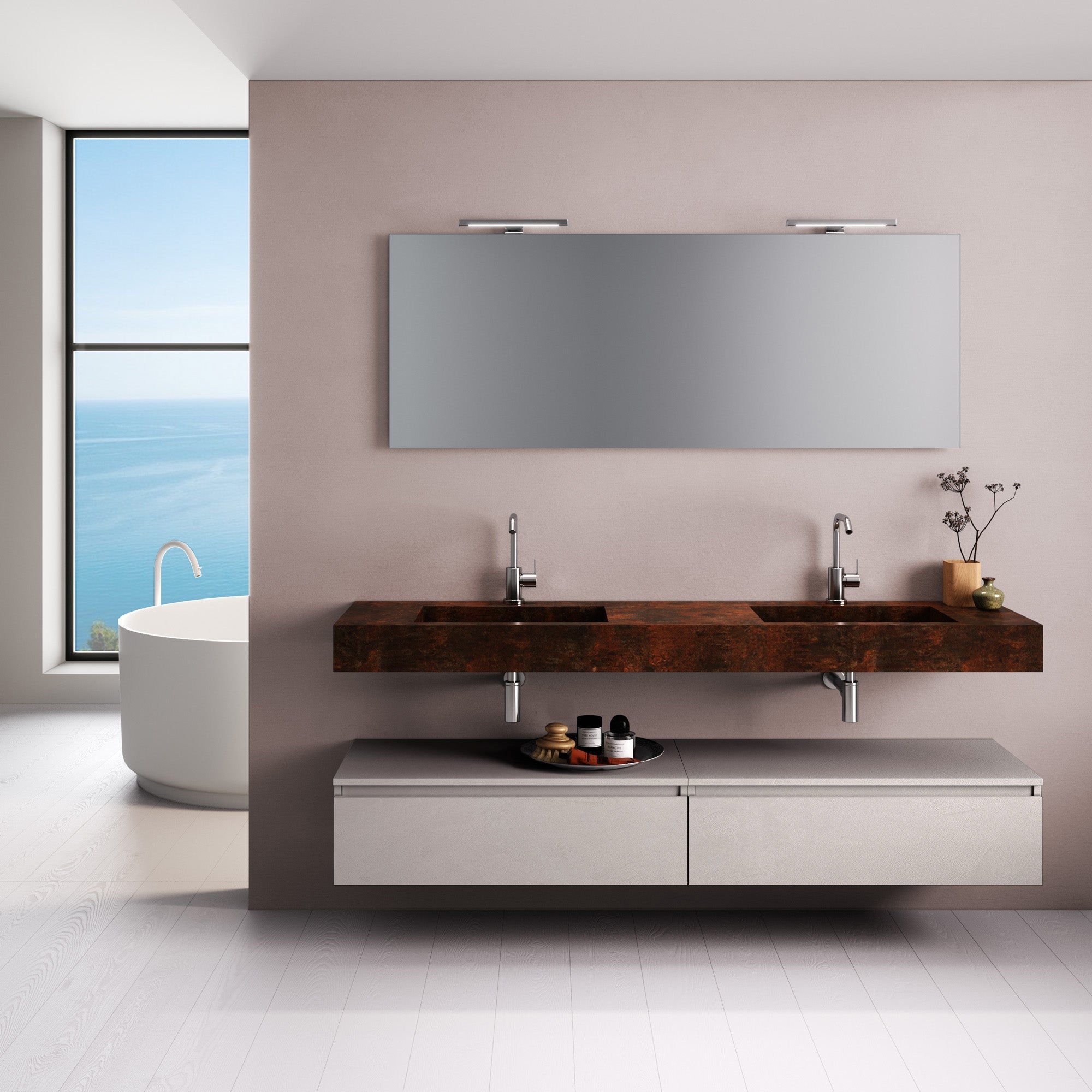 Composizione doppio lavabo YOKA-22 corten/bianco pietra
