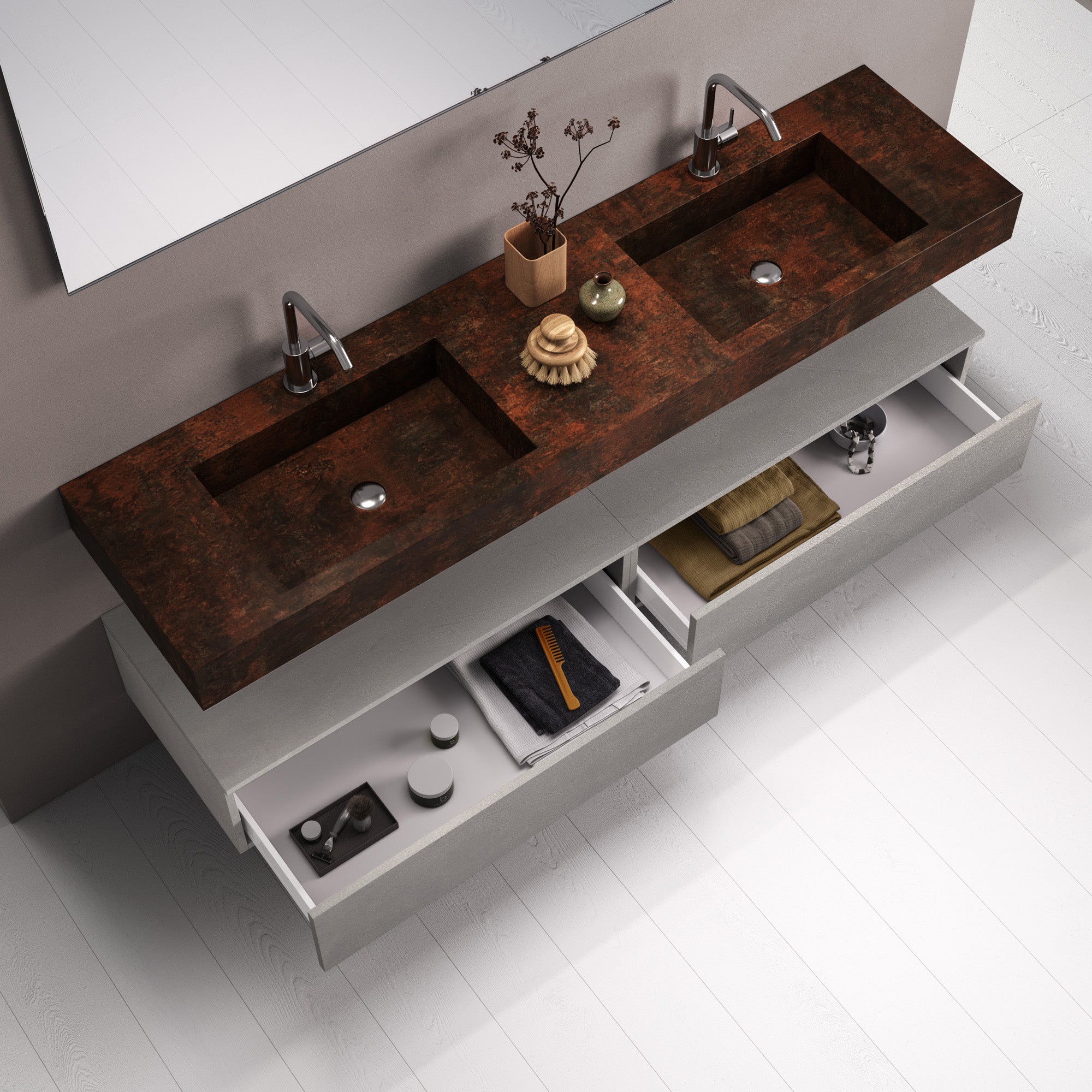 Composizione doppio lavabo YOKA-22 corten/bianco pietra