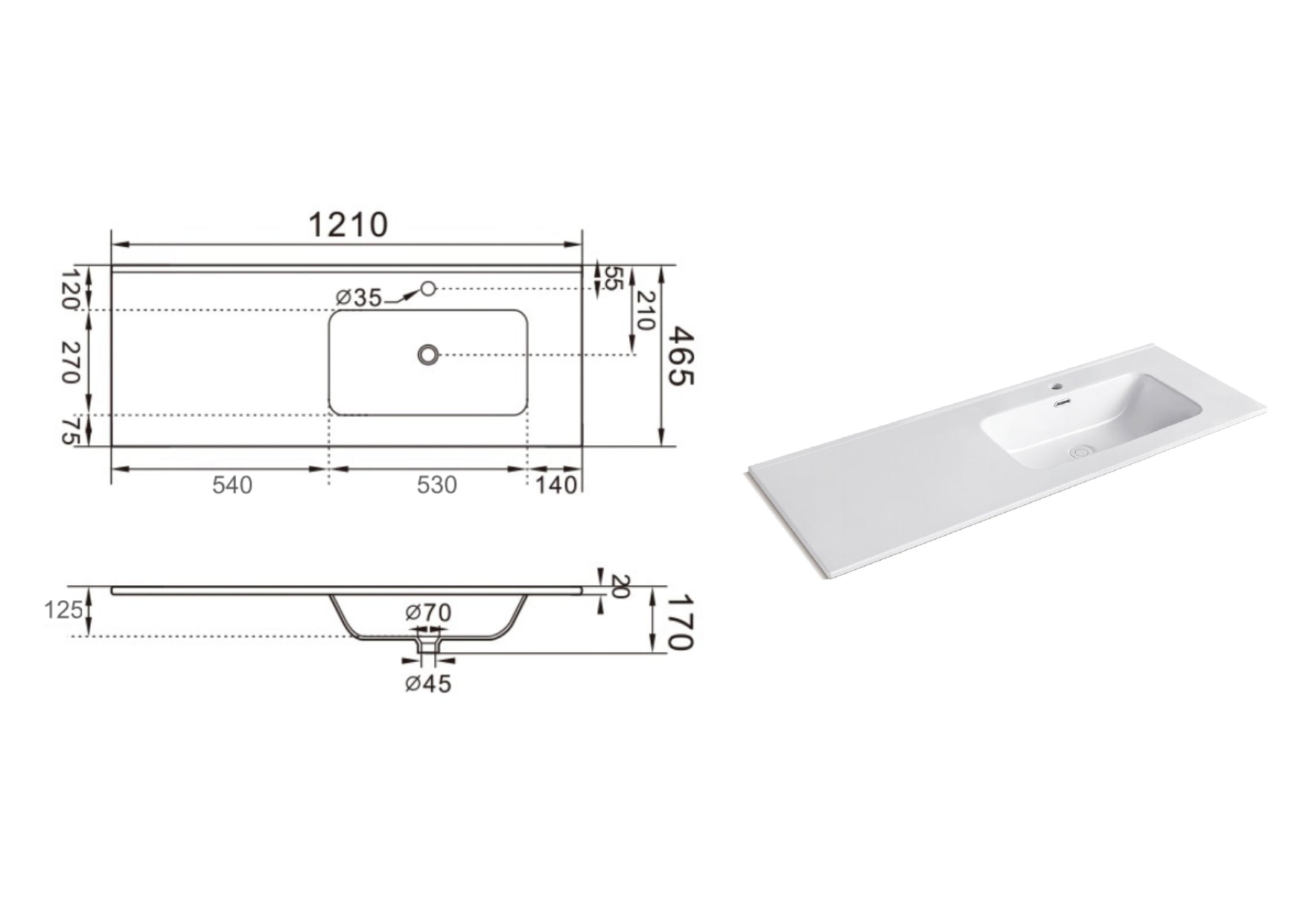 PICASSO built-in right-hand basin