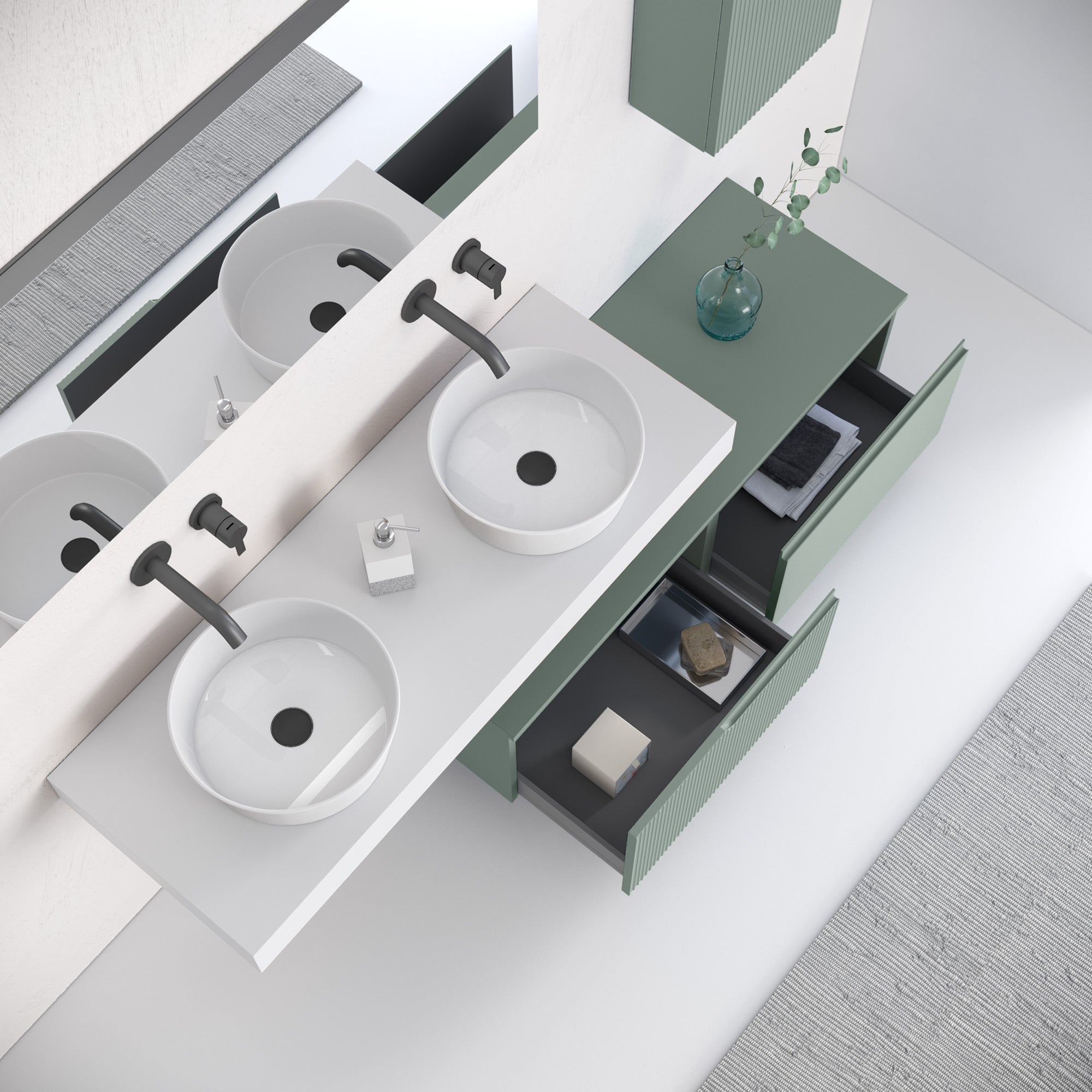 Composizione doppio lavabo 7 pezzi ZIP bianco / salvia