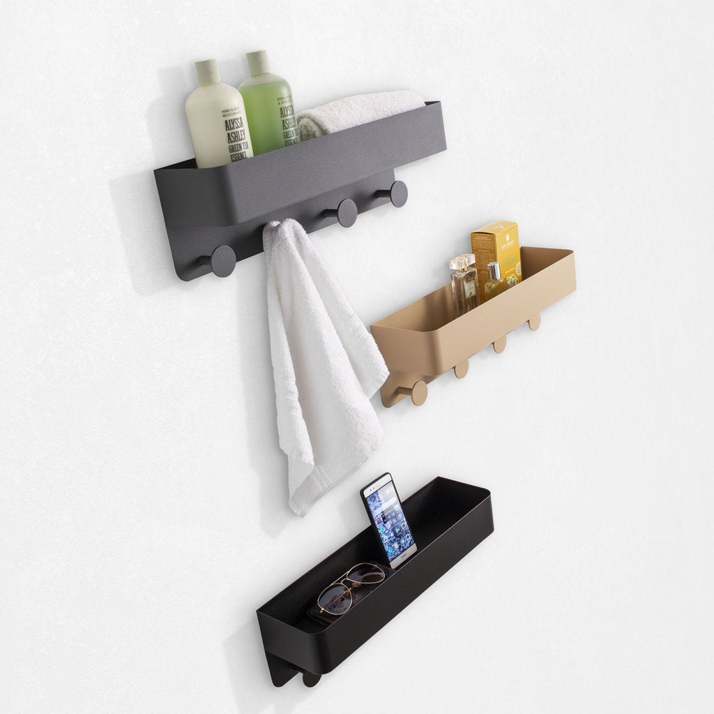 Shelf for objects with black LOU coat hanger