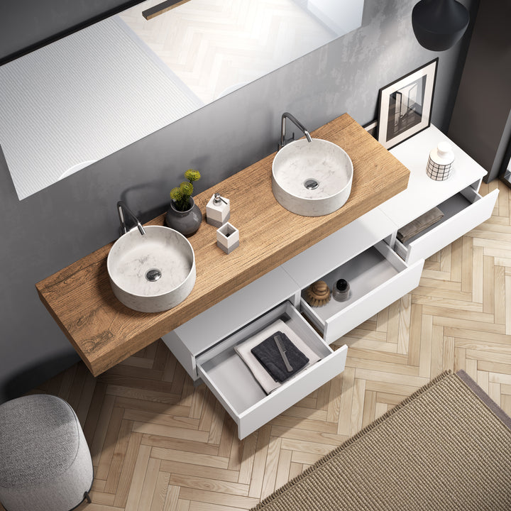 Composizione doppio lavabo 9 pezzi YOKA rovere miele/bianco opaco